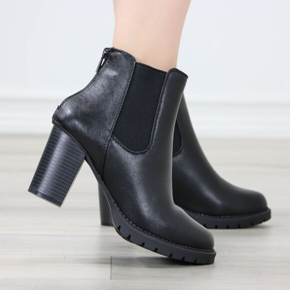 Womens Ankle Boots Lug Block Heel Black Synthetic Leather Round Toe Elastic Gore - Picture 11 of 13